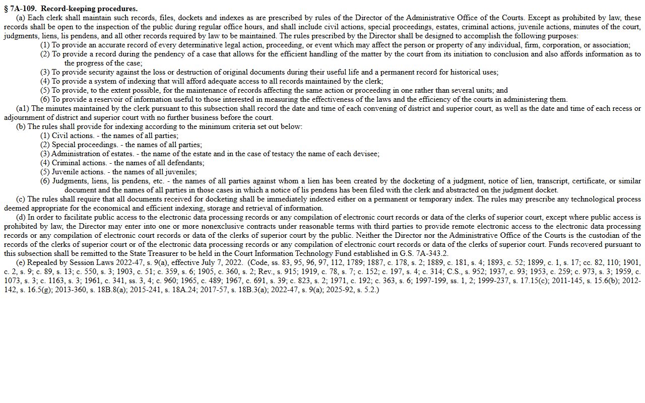 North Carolina court recordkeeping statute page