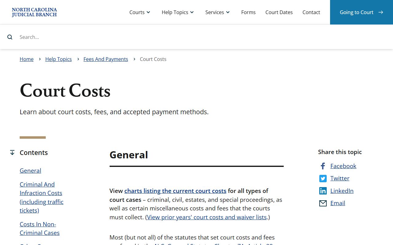 North Carolina court costs and payments page