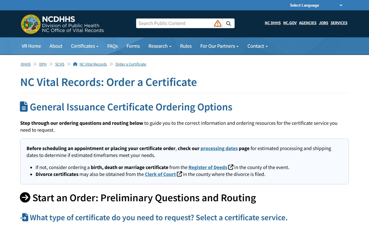 Pasquotank County marriage and divorce records vital records order page