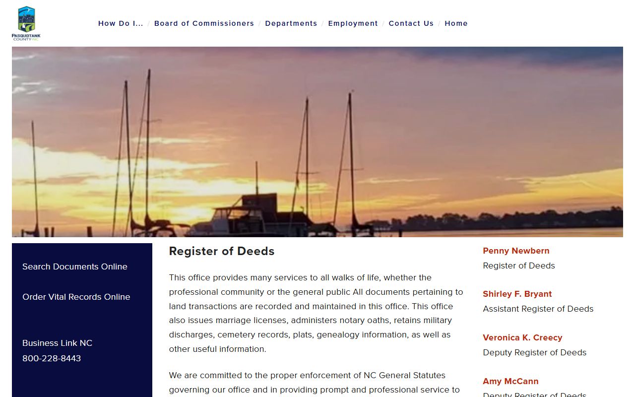Pasquotank County marriage records Register of Deeds page