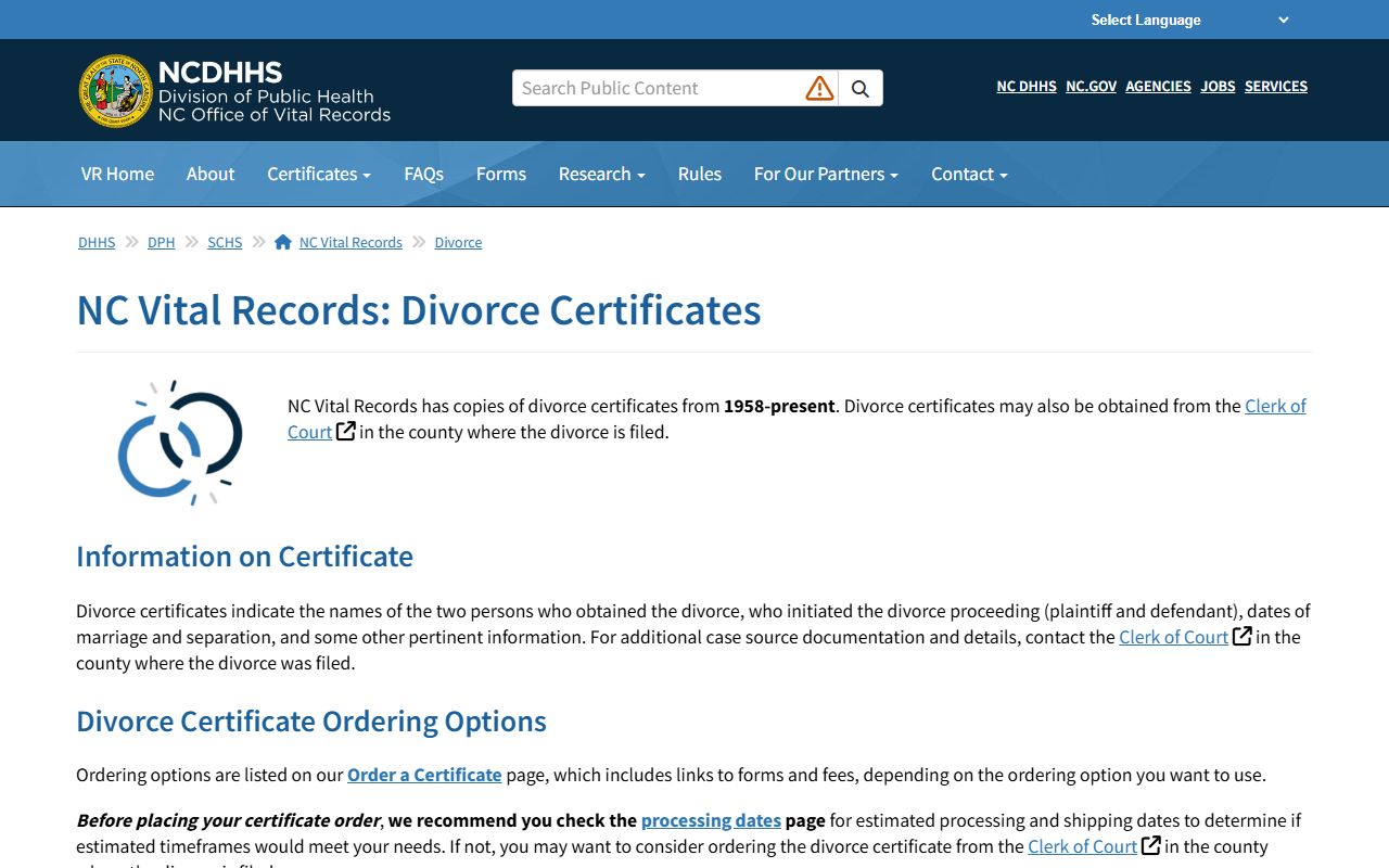Pasquotank County divorce records NC Vital Records divorce certificate page
