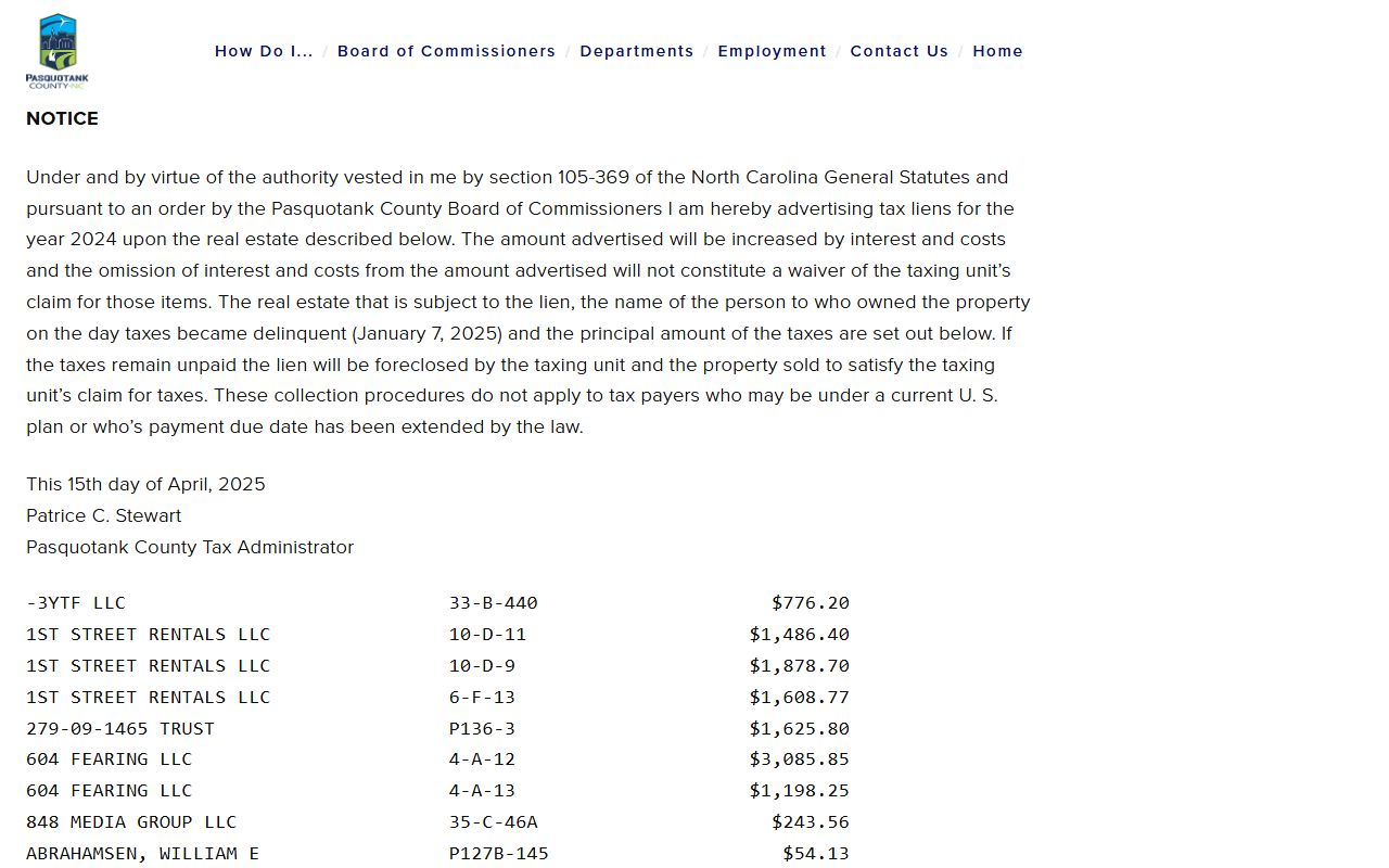 Pasquotank County probate records county delinquent tax lien notices