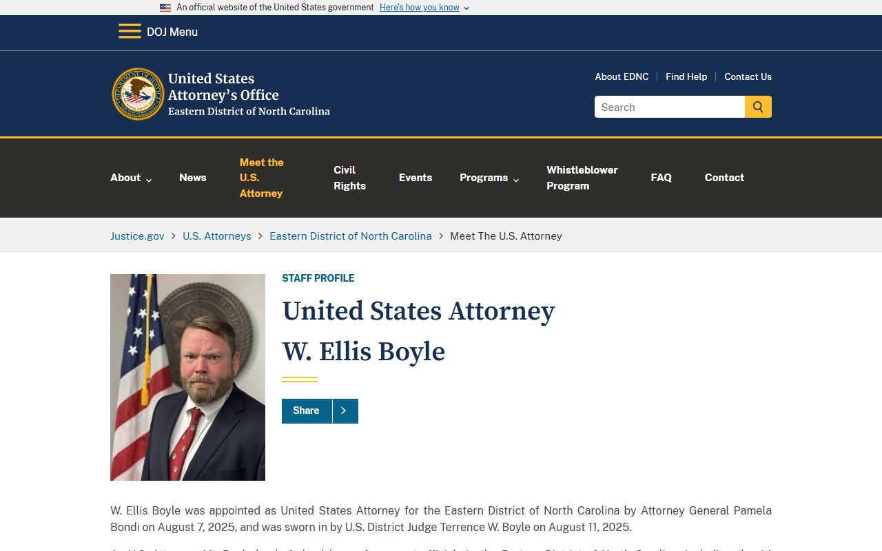 Pasquotank County warrant search U.S. Attorney bio page